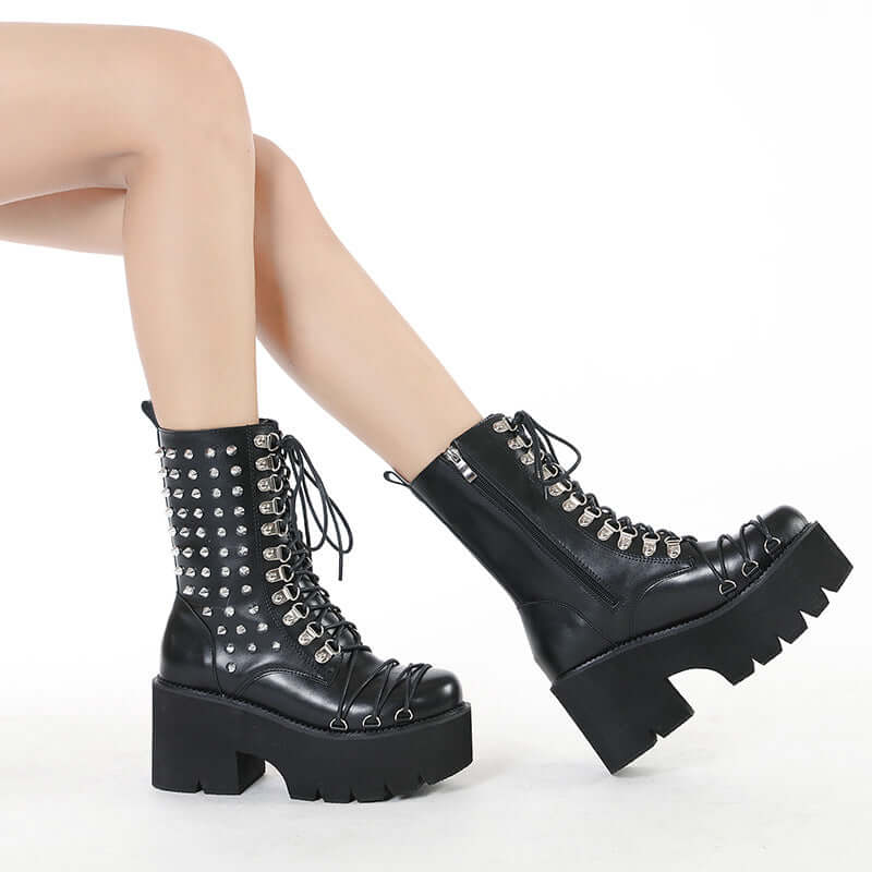 Autumn And Winter New Chunky Heel Side Zip Thick Bottom Fashion Rivet Knight Boots