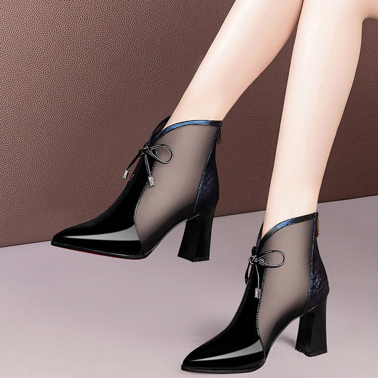 Patent Leather Mesh Boots Female Hollow Mesh