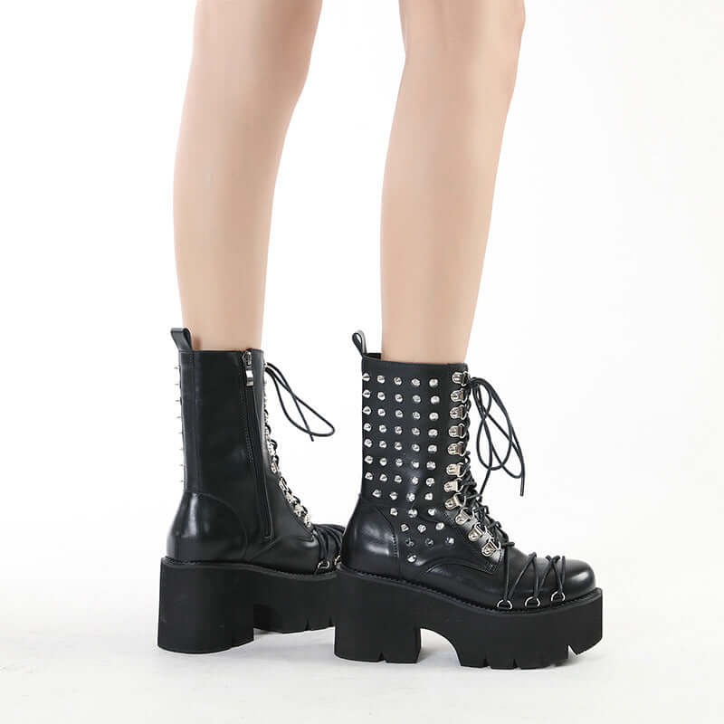 Autumn And Winter New Chunky Heel Side Zip Thick Bottom Fashion Rivet Knight Boots