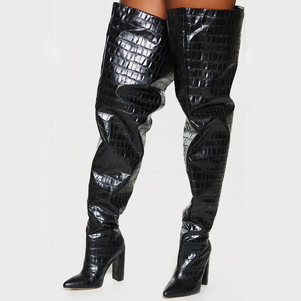Chunky Heel Crocodile Pattern Fashion Women's Boots Over-the-knee Boots