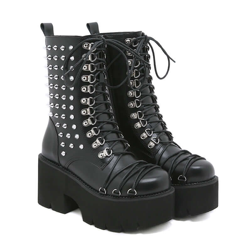 Autumn And Winter New Chunky Heel Side Zip Thick Bottom Fashion Rivet Knight Boots