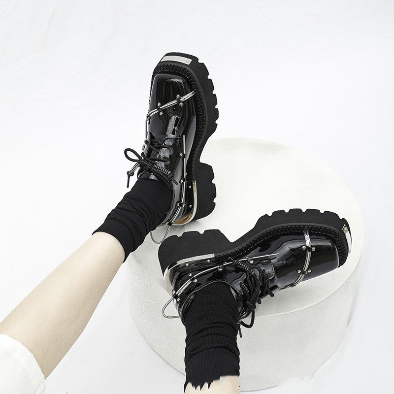 Spring Decorative Platform Leather Shoes Women's British Style Square Toe